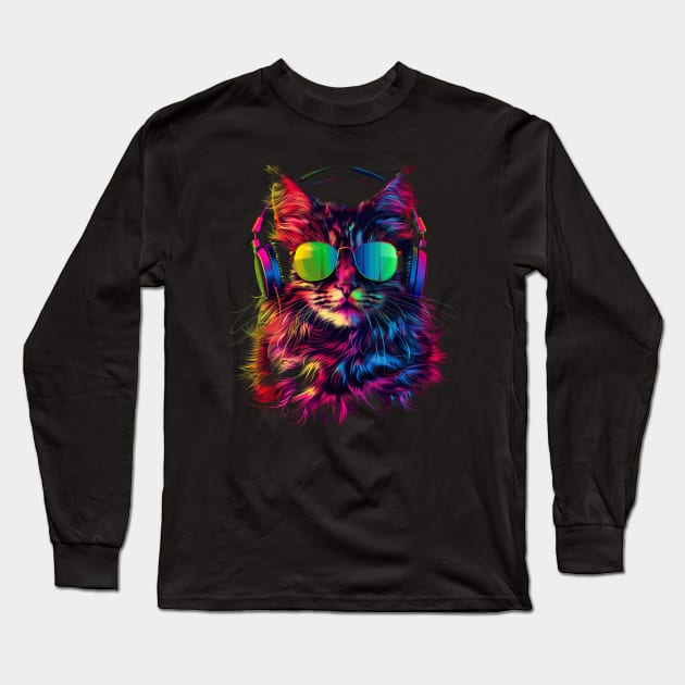 Cat DJ Hype Long Sleeve T-Shirt by BilodeauBlue